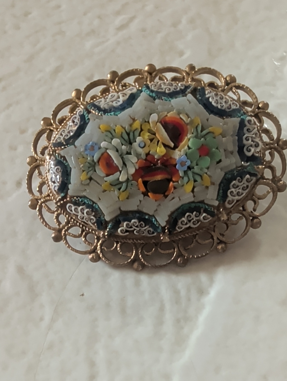 Vintage Floral Micro Mosaic Brooch in Multicolor Made In Italy